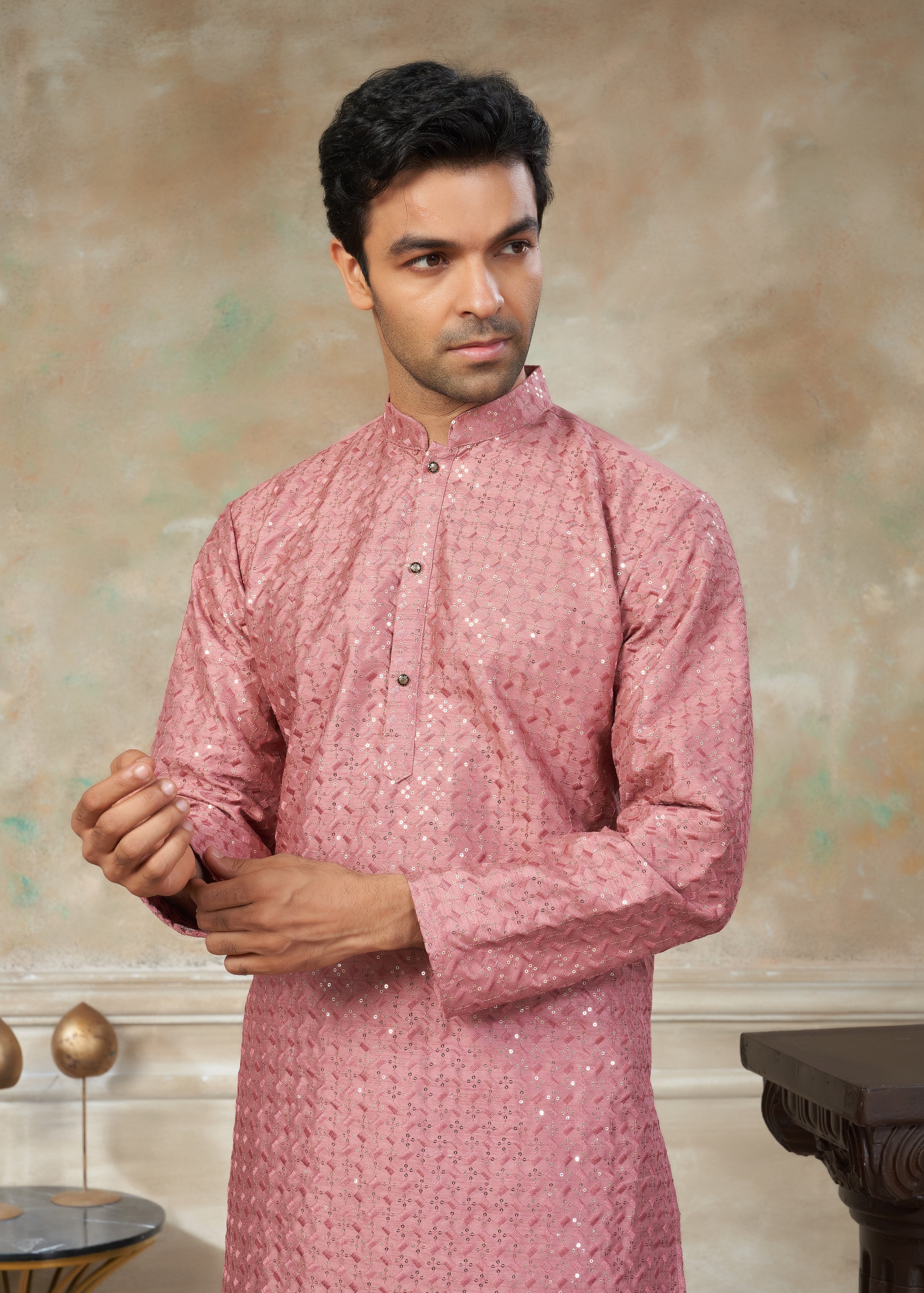 Pink Color Rayon Cotton with sequence embroidery work menswear kurta pajama 139006