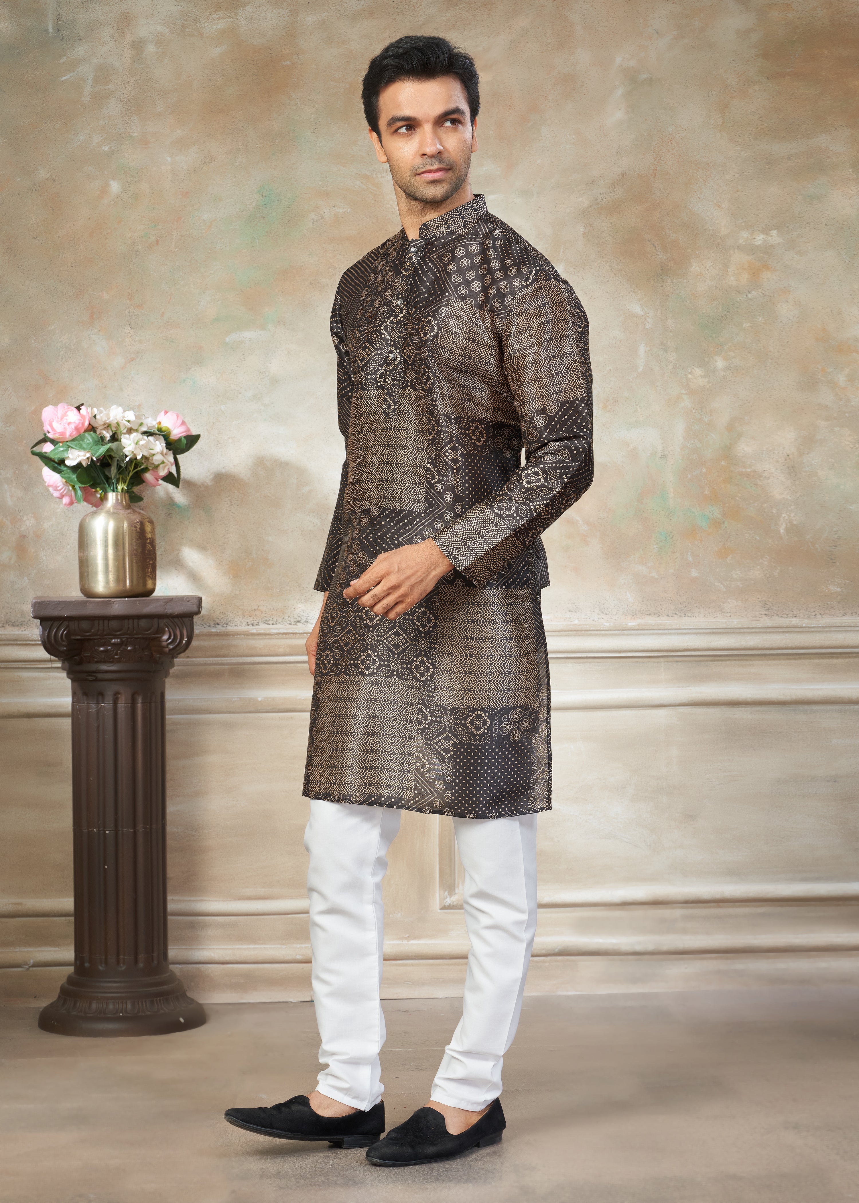 Black color Premium Silk Digital Print kurta with Raymond Cotton Pajama 140001