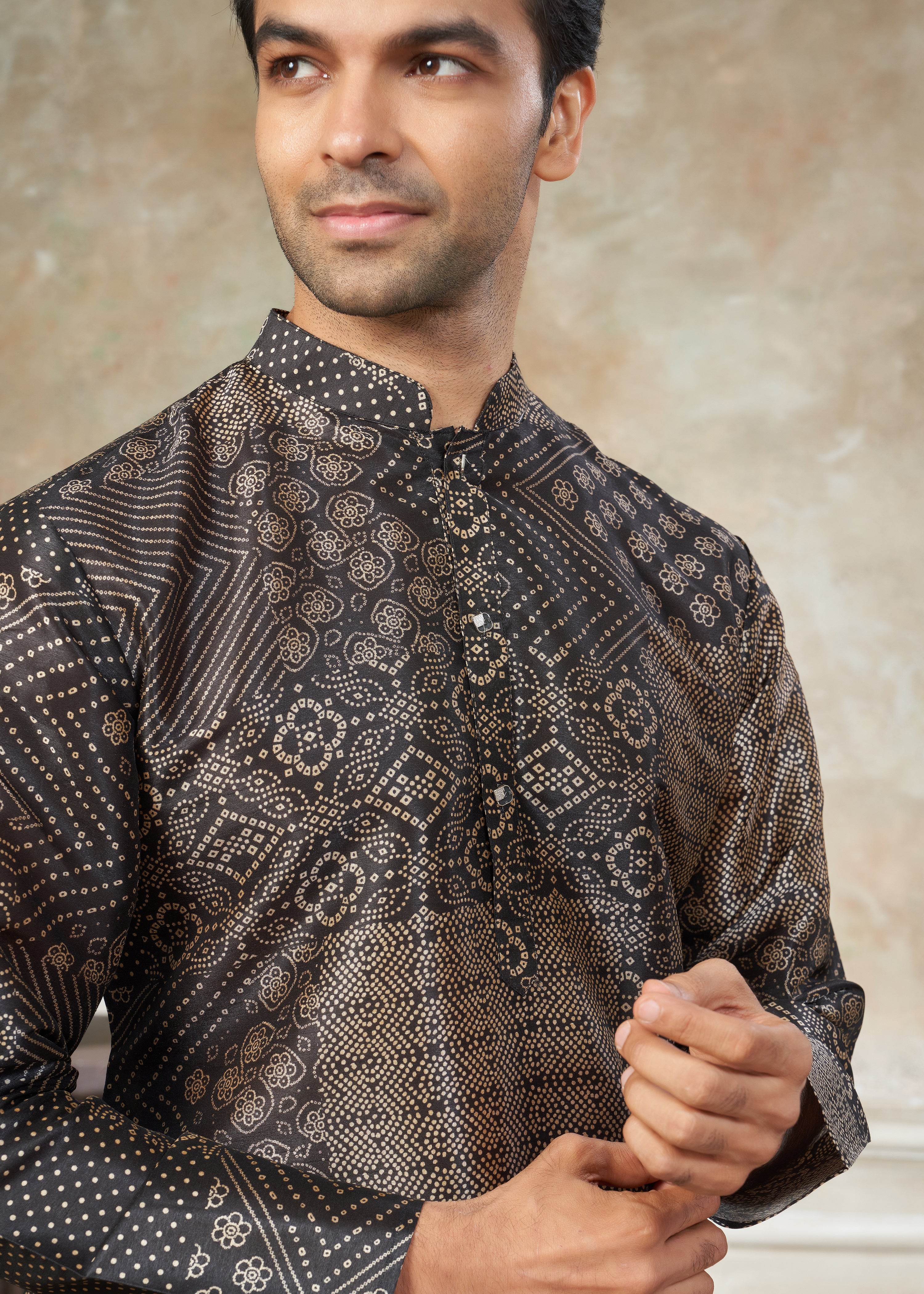 Black color Premium Silk Digital Print kurta with Raymond Cotton Pajama 140001