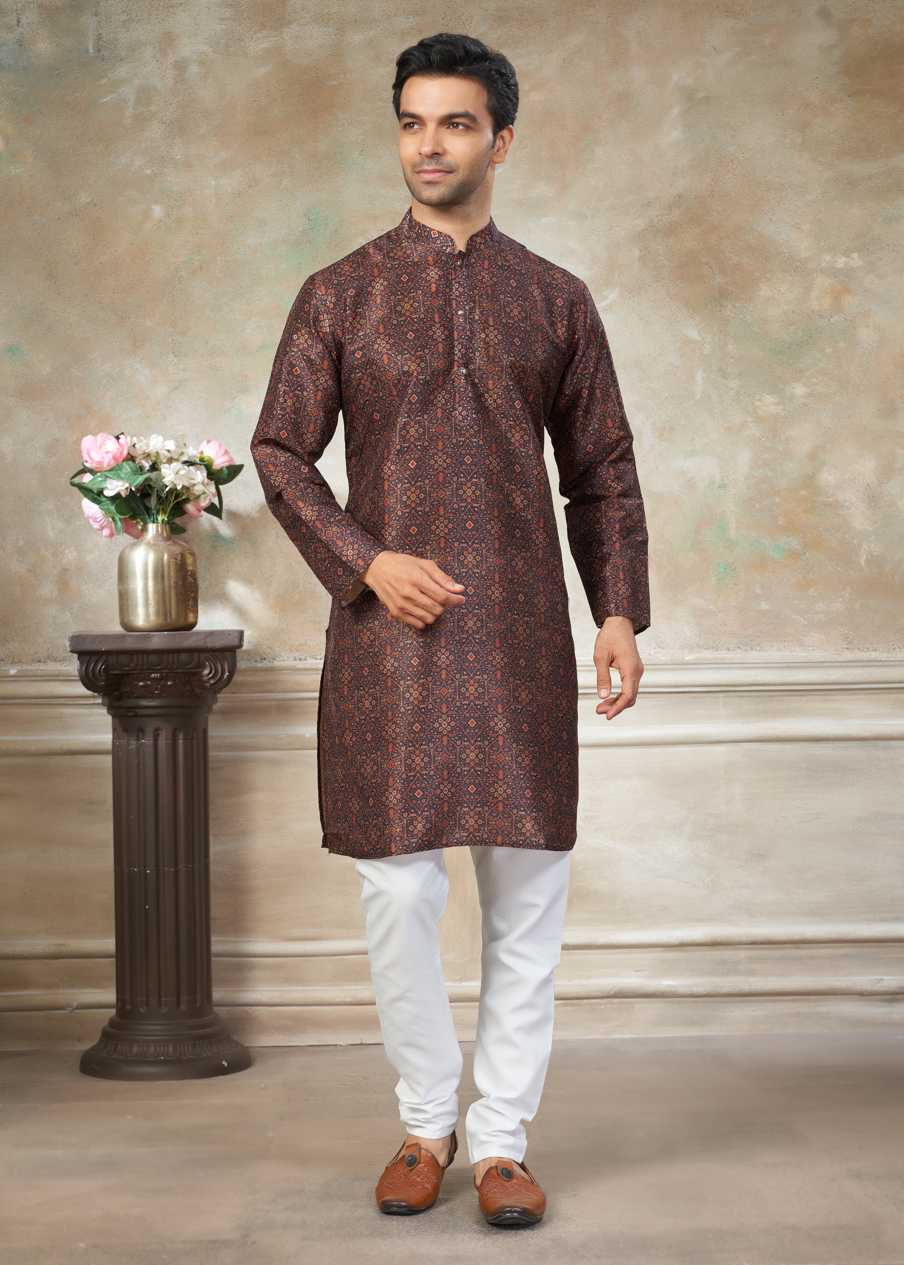 Brown color Premium Silk Digital Print kurta with Raymond Cotton Pajama 140002