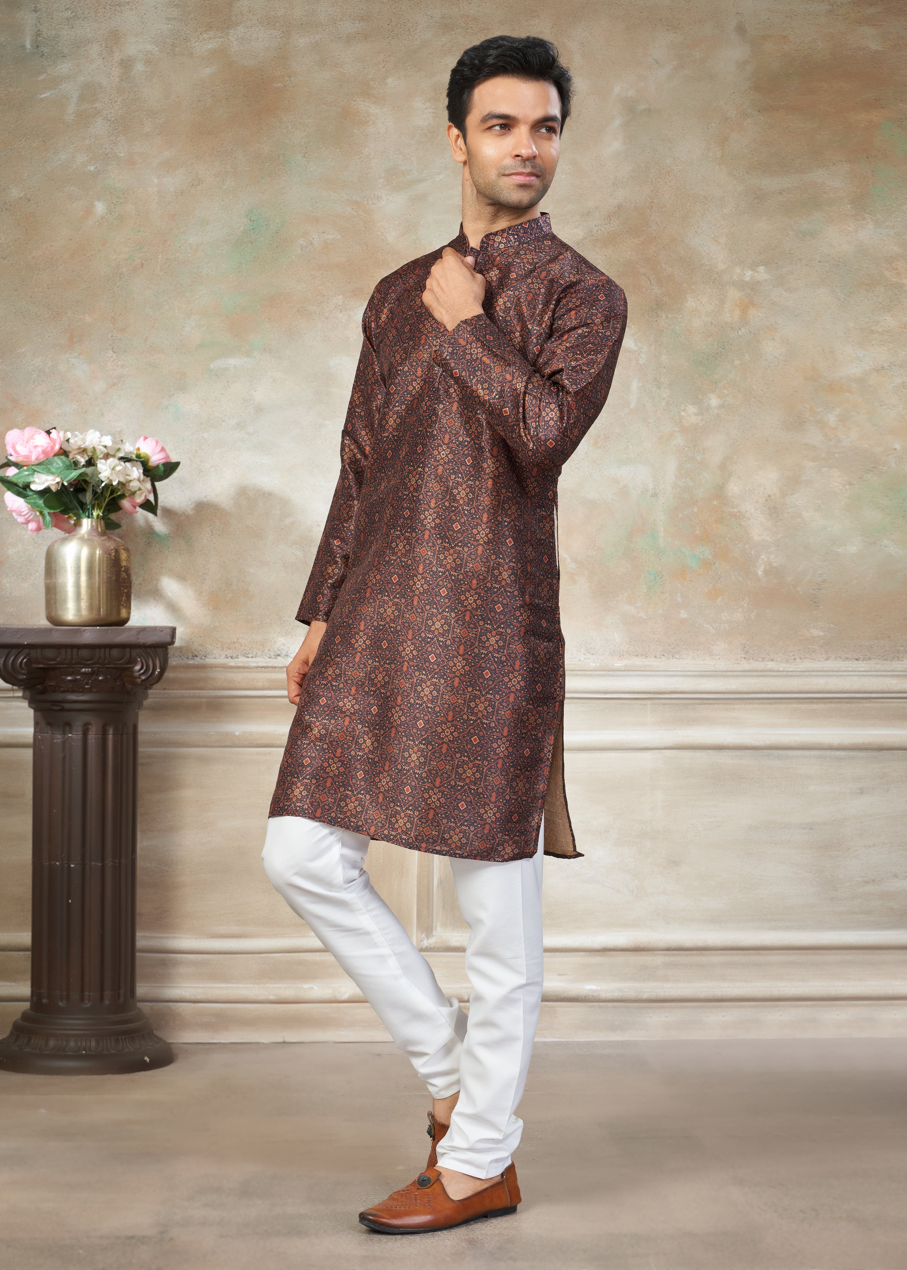 Brown color Premium Silk Digital Print kurta with Raymond Cotton Pajama 140002