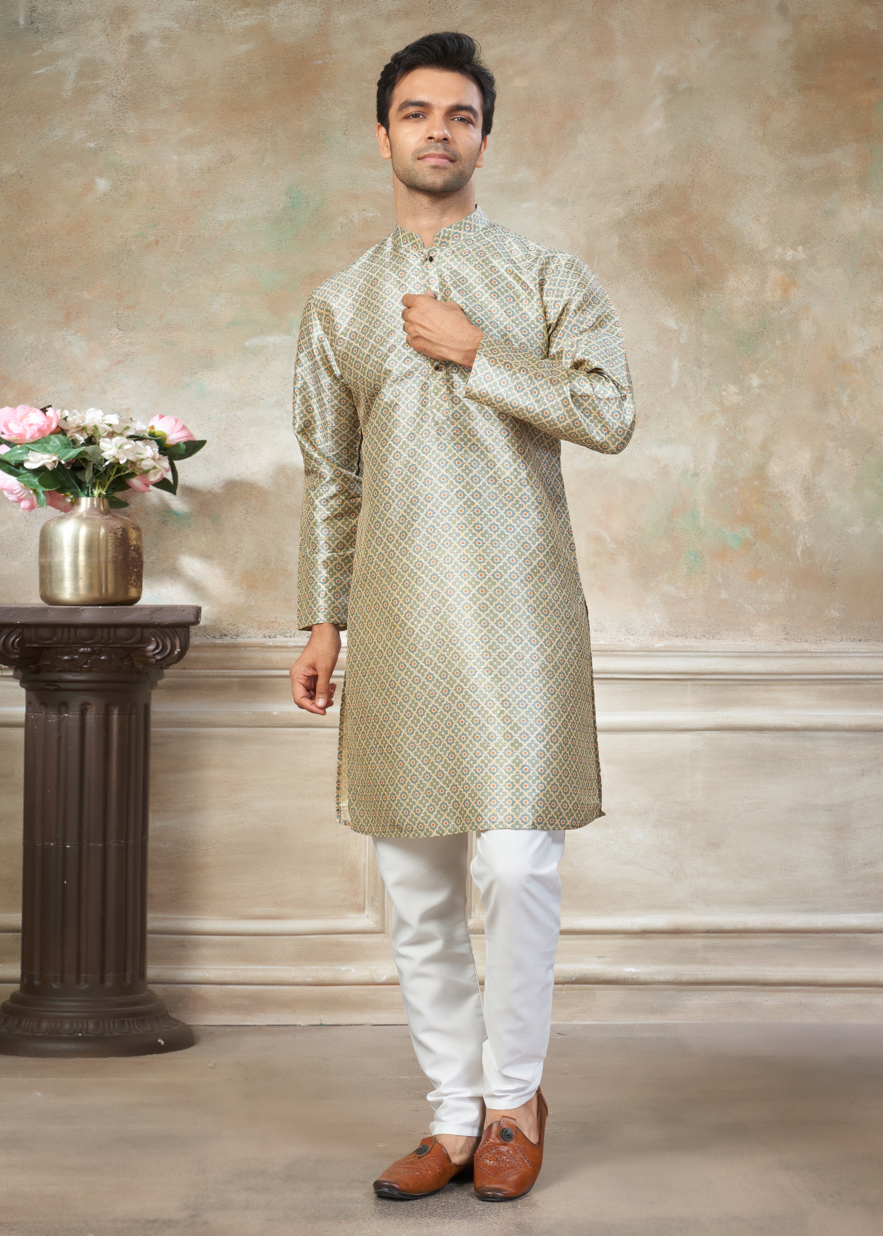 beige color Premium Silk Digital Print kurta with Raymond Cotton Pajama 140003