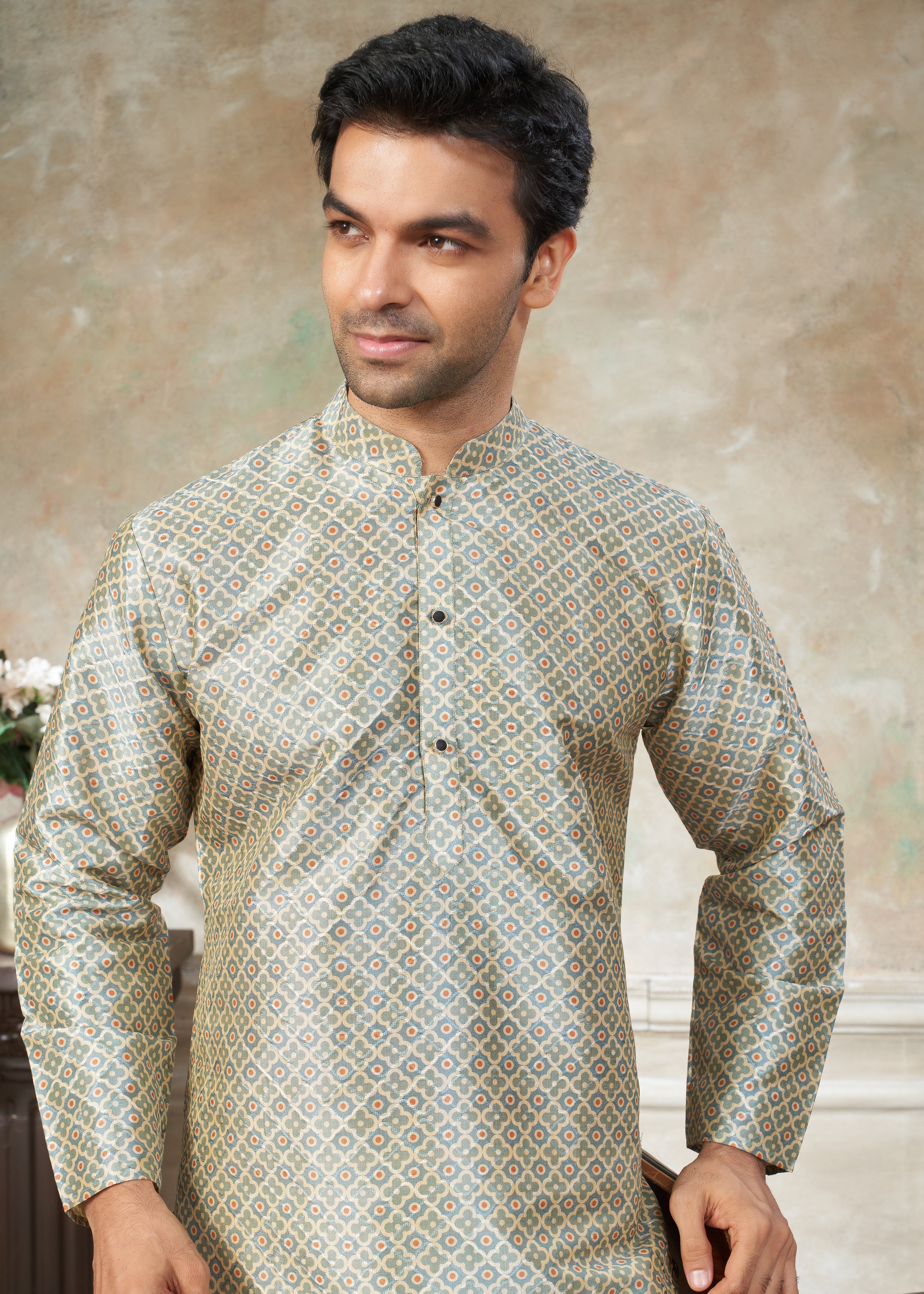 beige color Premium Silk Digital Print kurta with Raymond Cotton Pajama 140003