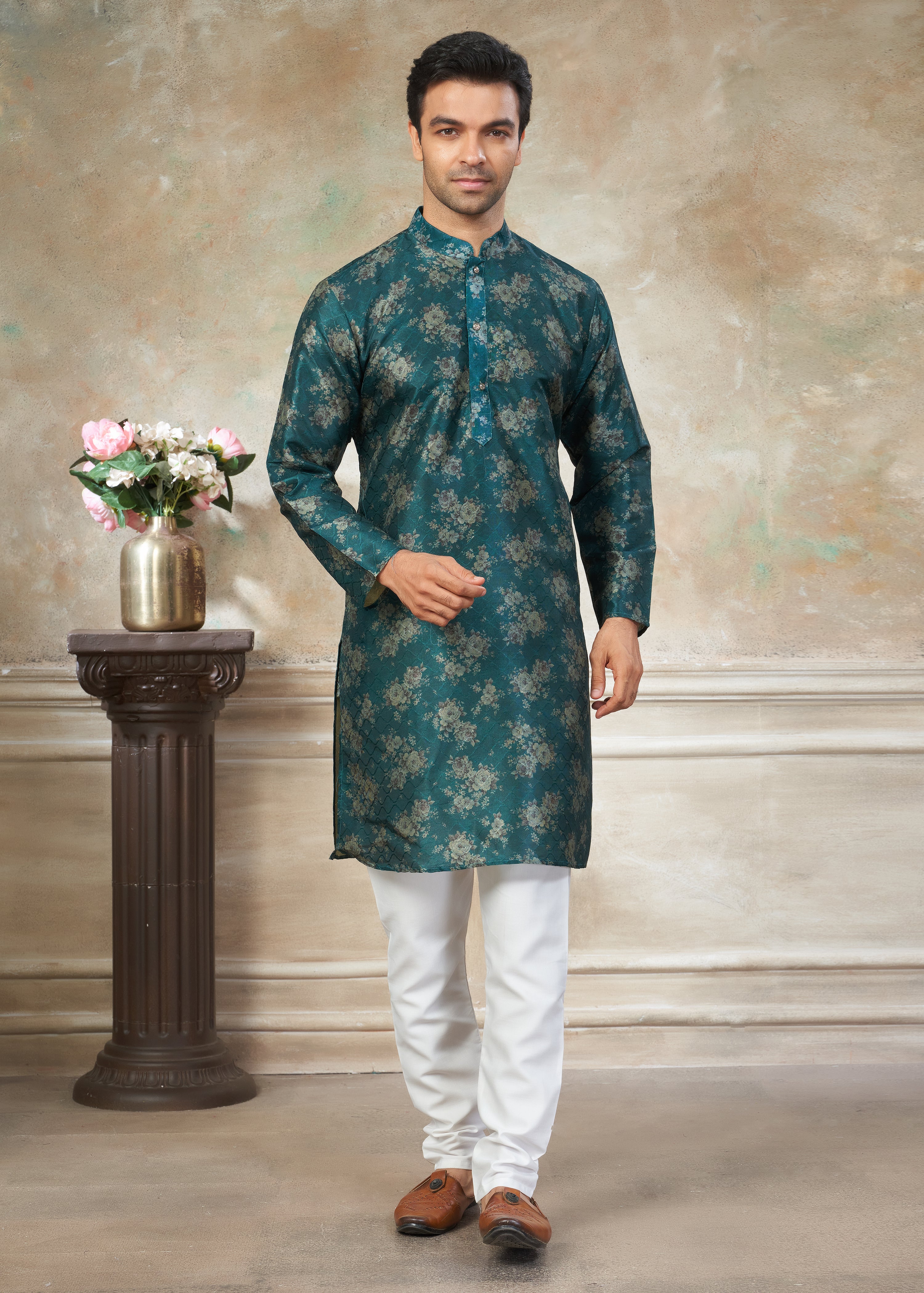 Teal Blue color Premium Silk Digital Print kurta with Raymond Cotton Pajama 140004
