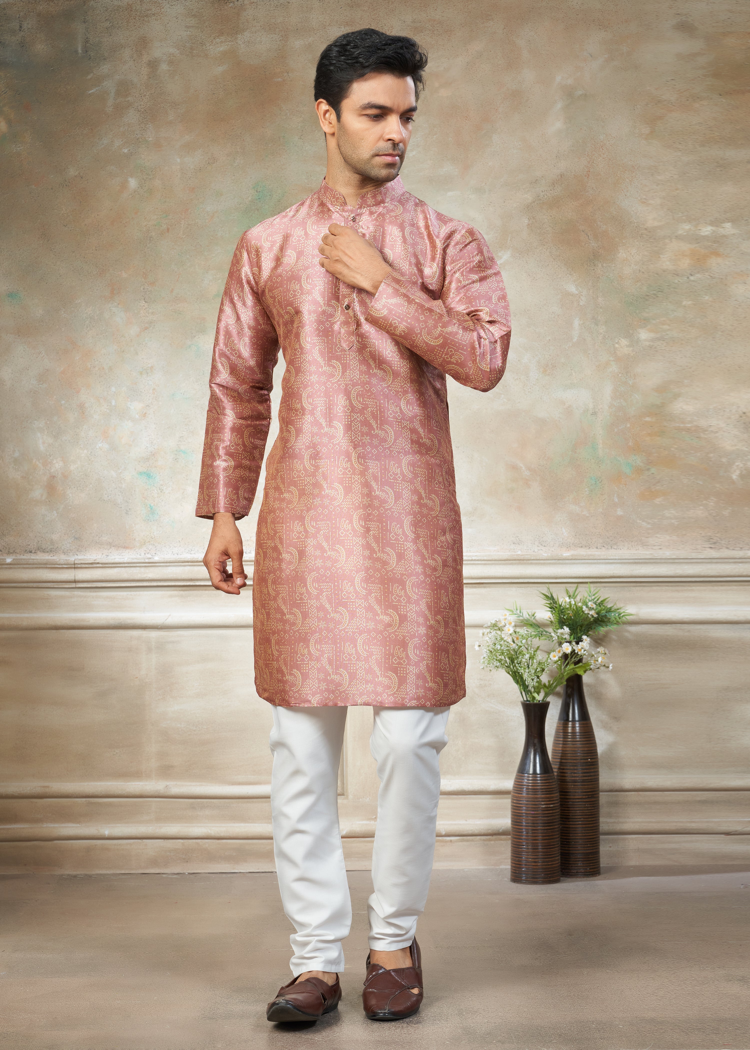 Peach color Premium Silk Digital Print kurta with Raymond Cotton Pajama 140005