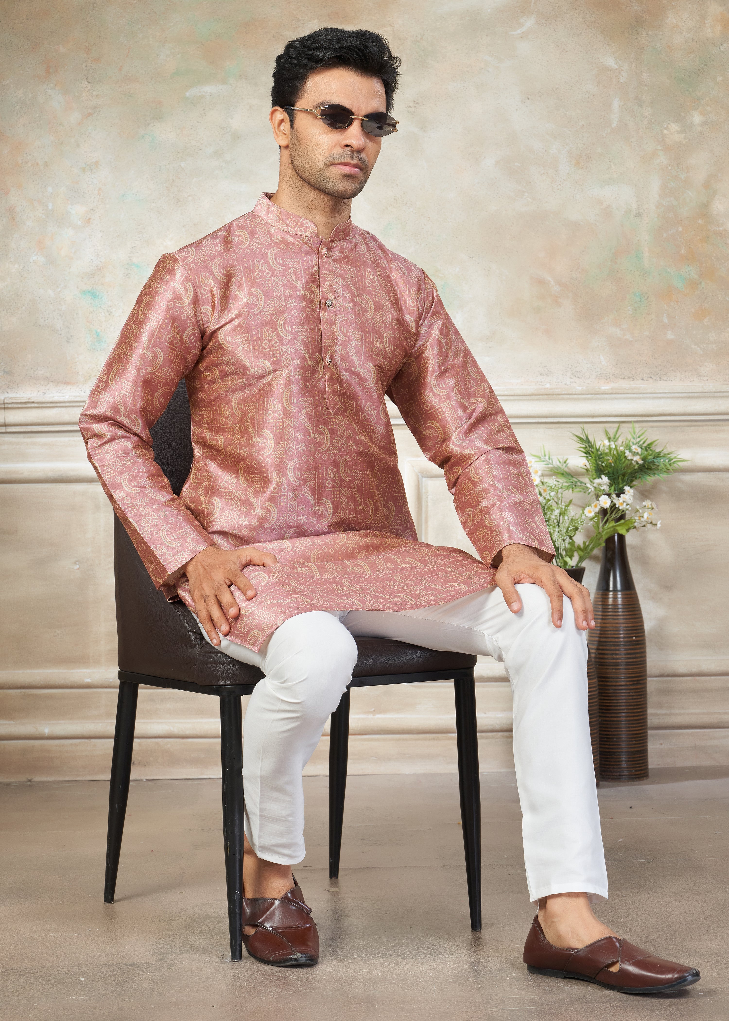 Peach color Premium Silk Digital Print kurta with Raymond Cotton Pajama 140005