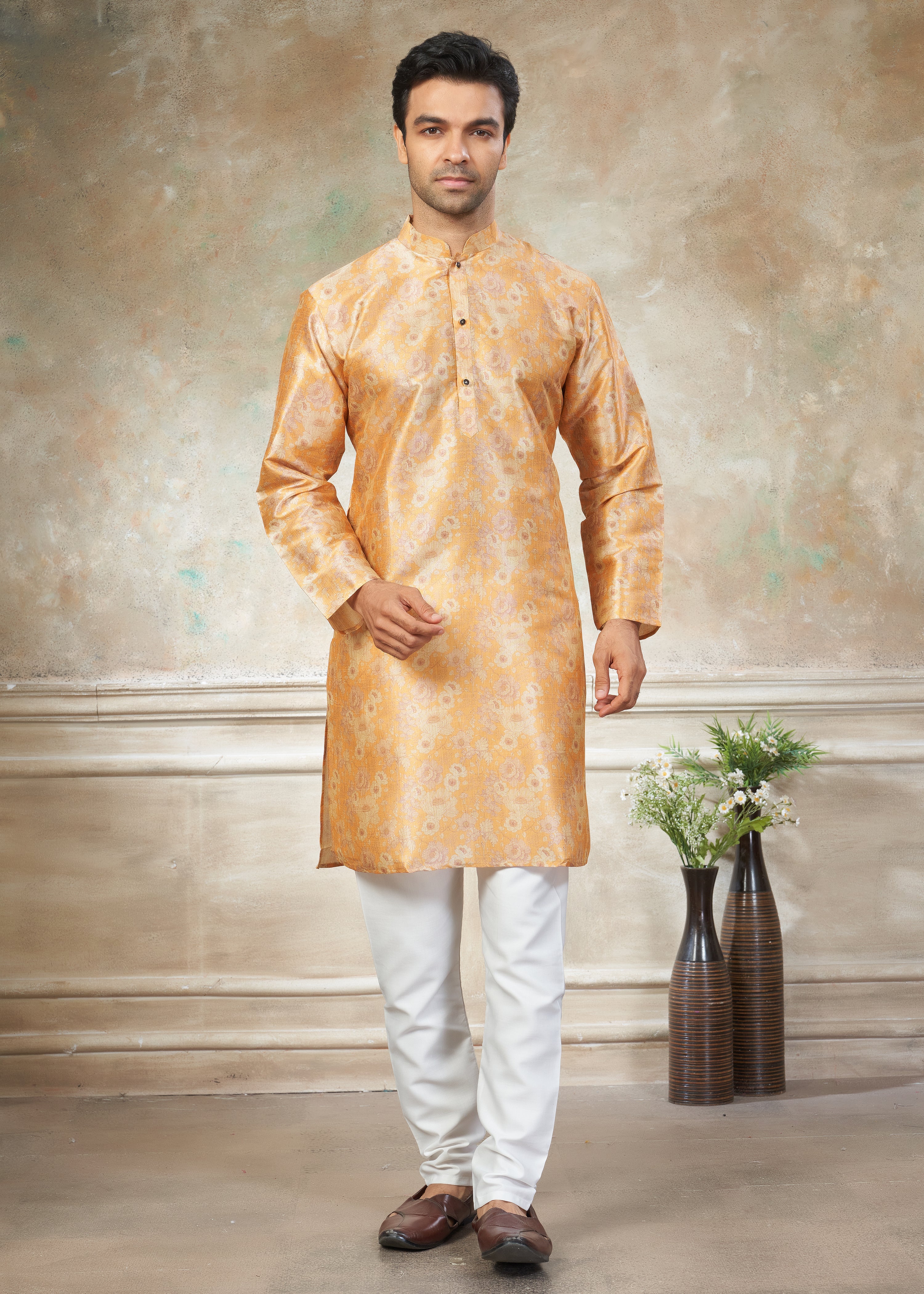 Light Orange color Premium Silk Digital Print kurta with Raymond Cotton Pajama 140006