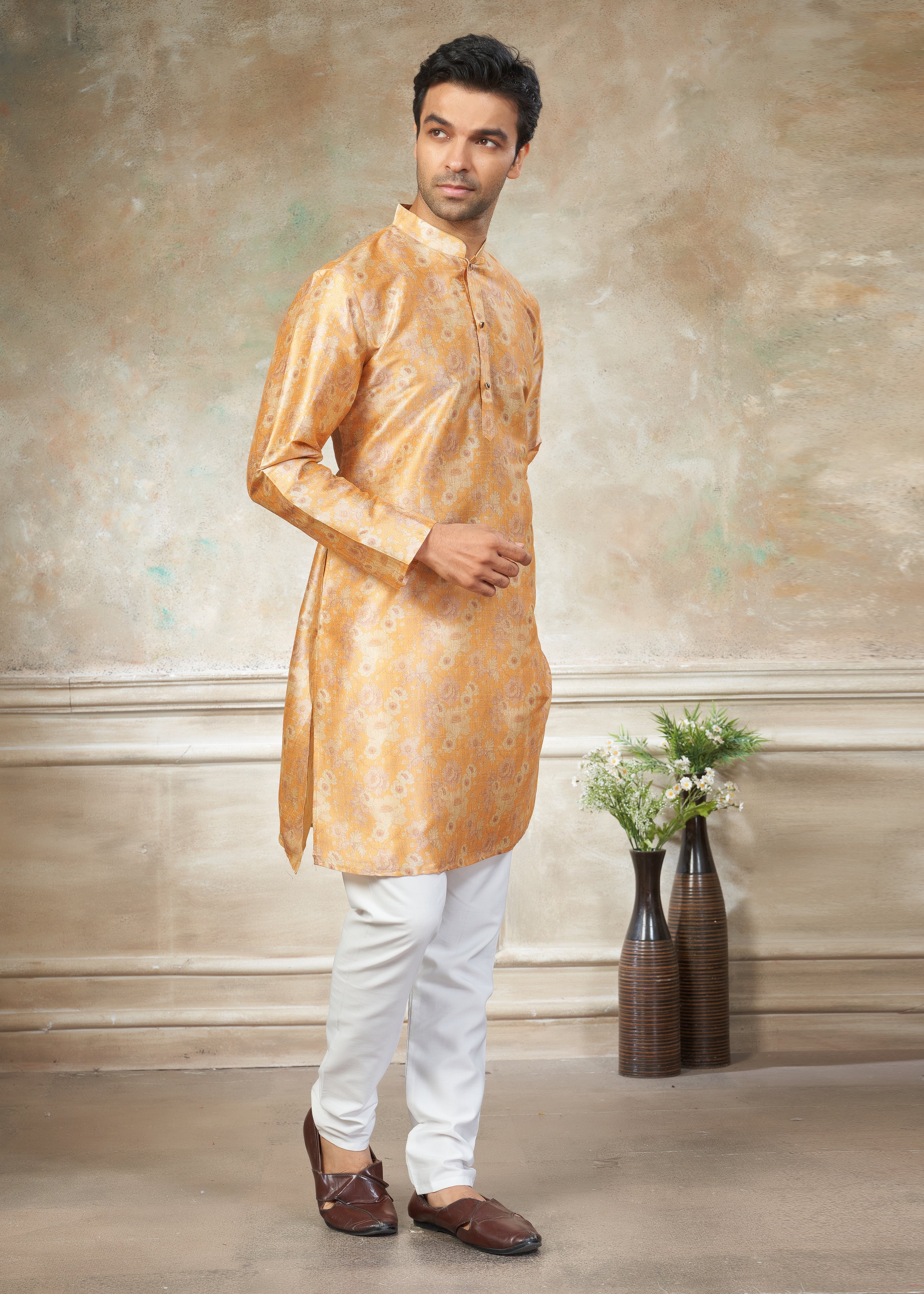 Light Orange color Premium Silk Digital Print kurta with Raymond Cotton Pajama 140006