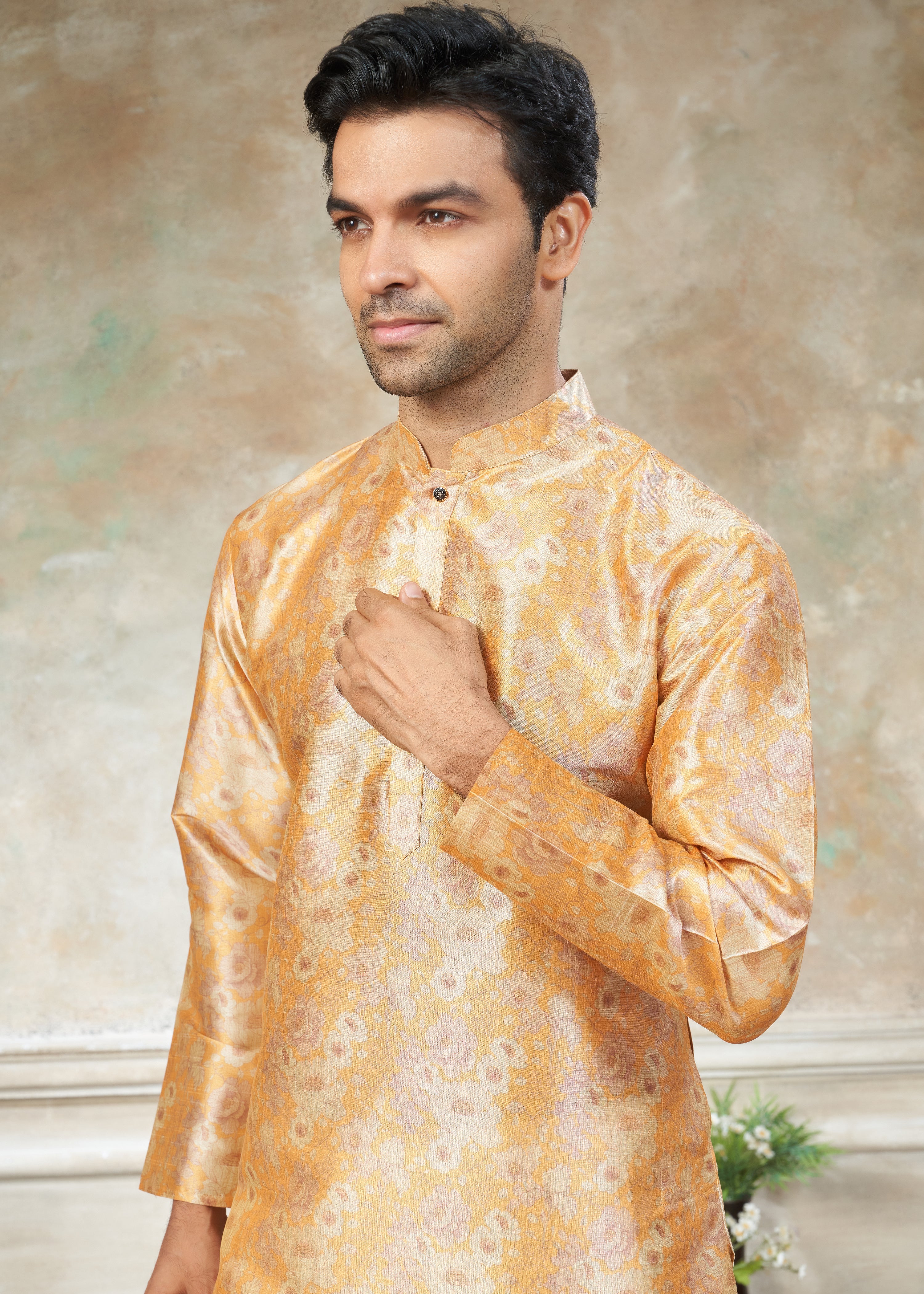 Light Orange color Premium Silk Digital Print kurta with Raymond Cotton Pajama 140006