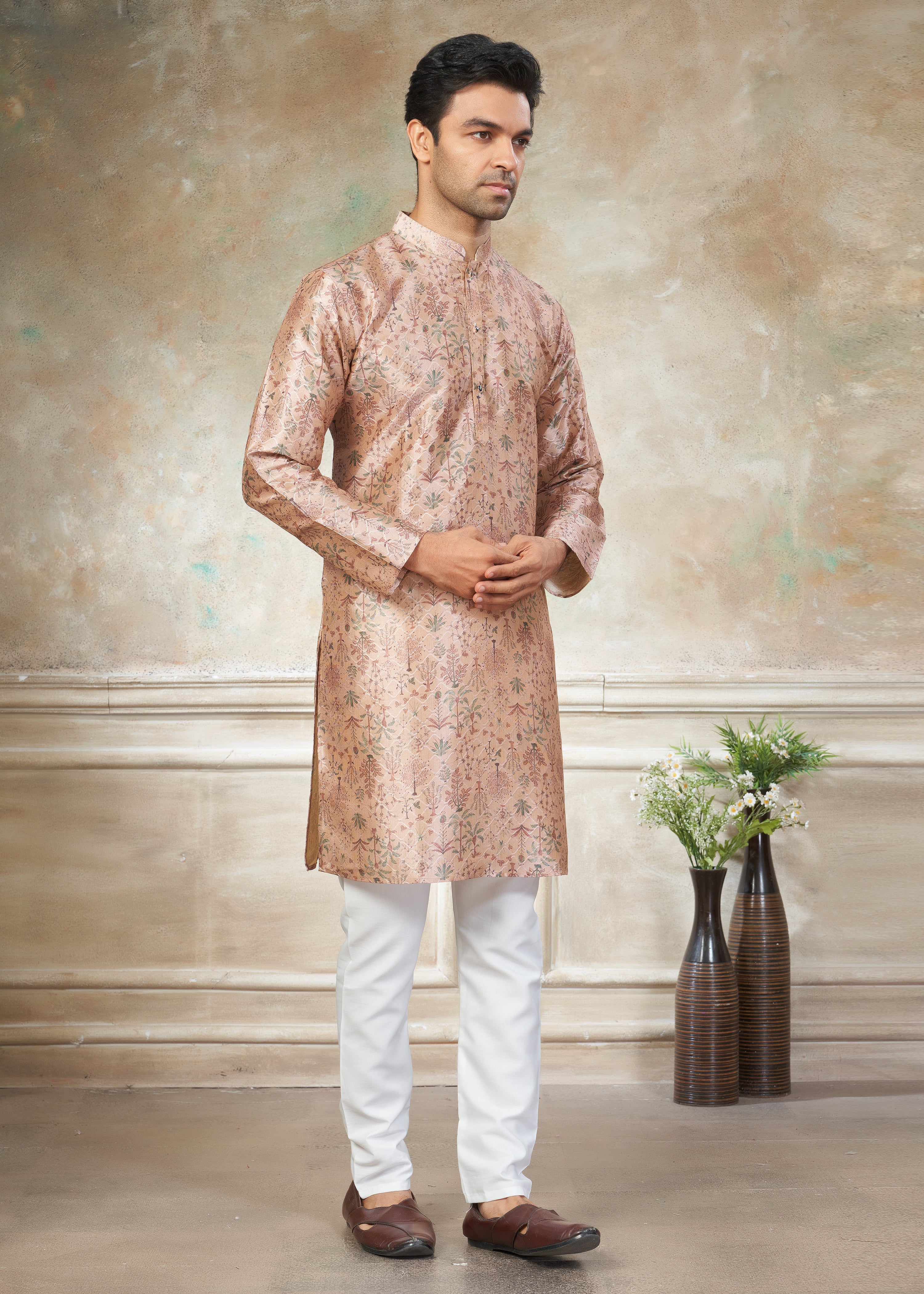 Light pink color Premium Silk Digital Print kurta with Raymond Cotton Pajama 140007