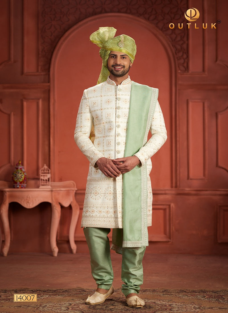 Off White Silk Mens Sherwani 14007