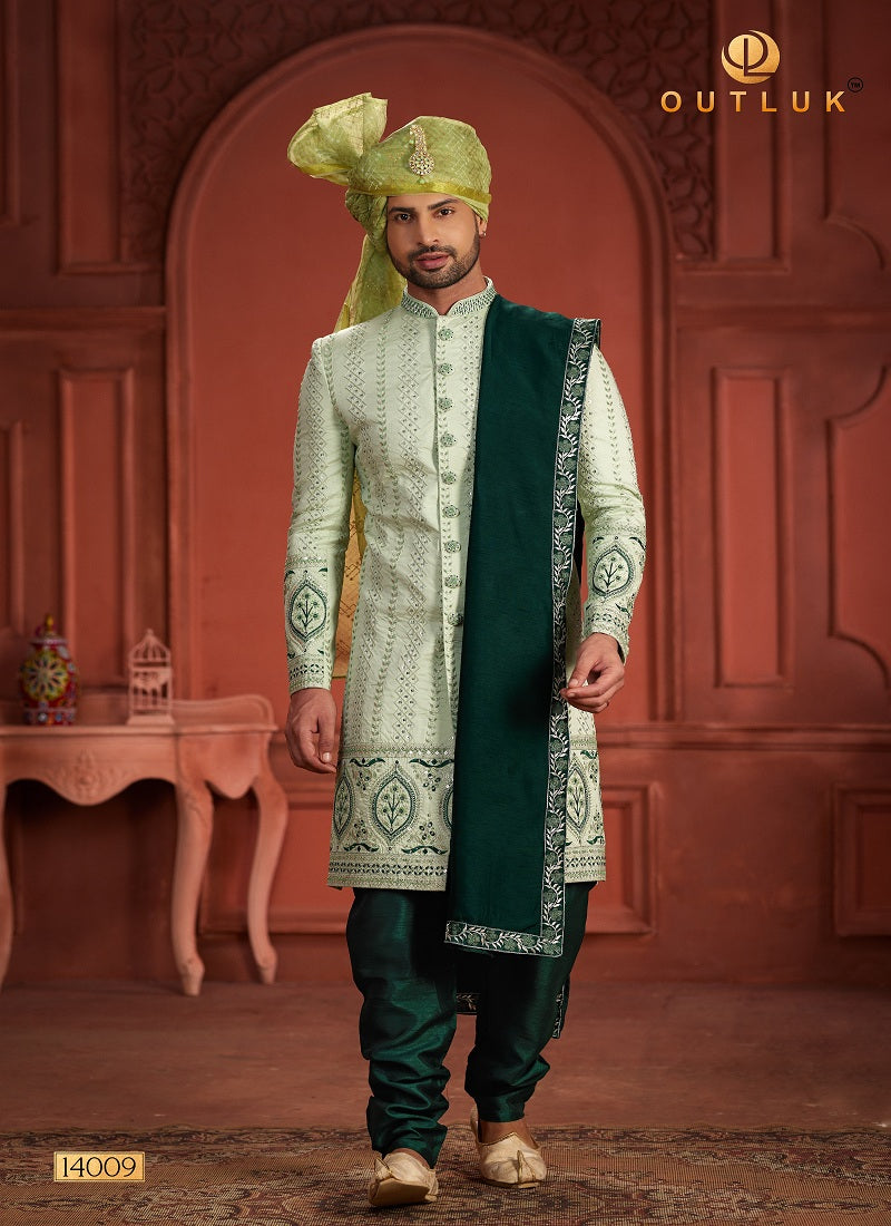Green Silk Mens Sherwani 14009