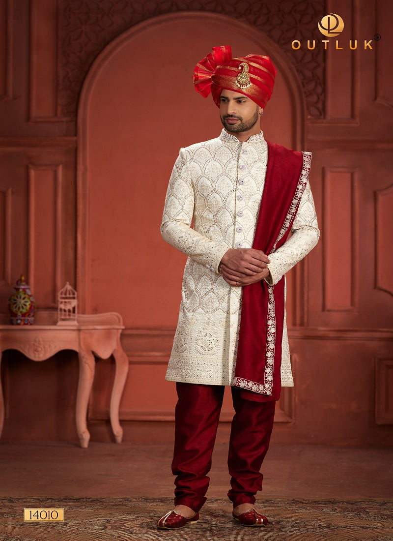 White And Red Silk Mens Sherwani 14010