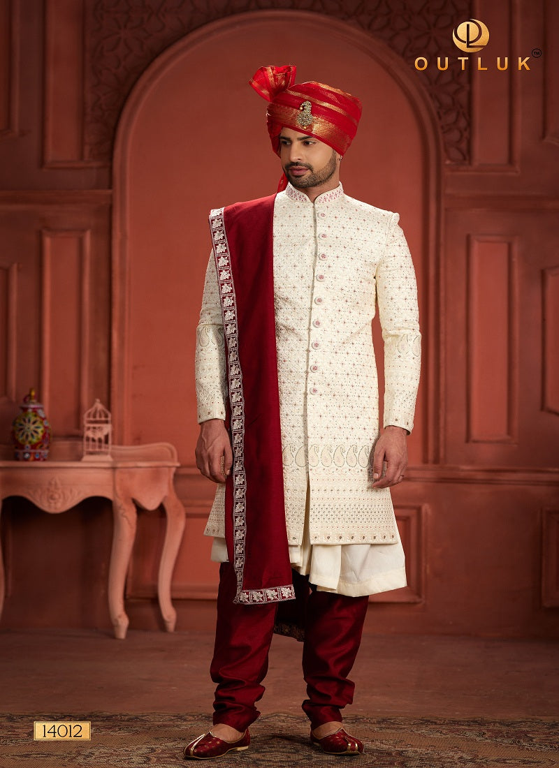 off white Silk Mens Sherwani 14012