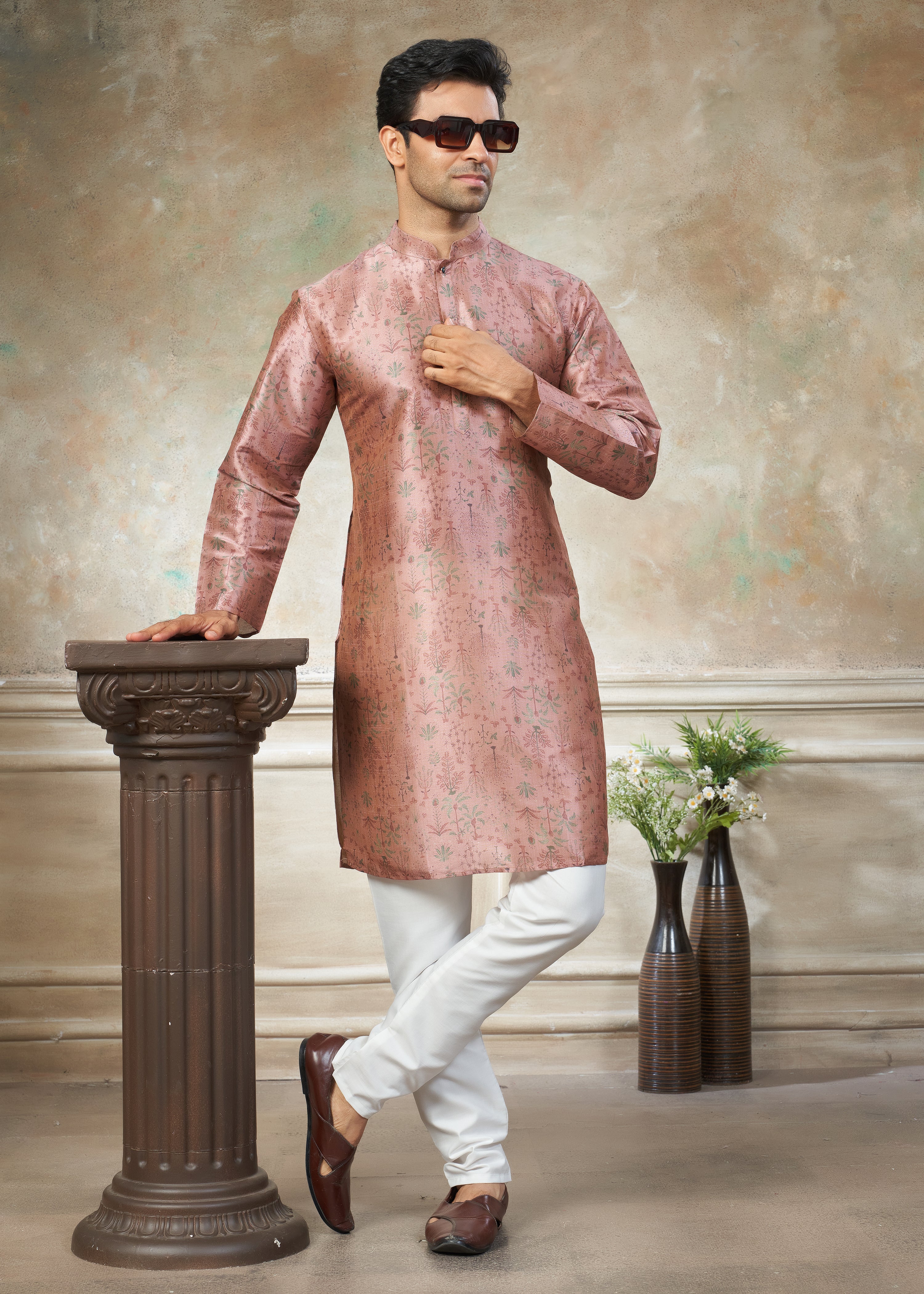 Peach color Premium Silk Digital Print kurta with Raymond Cotton Pajama 141002