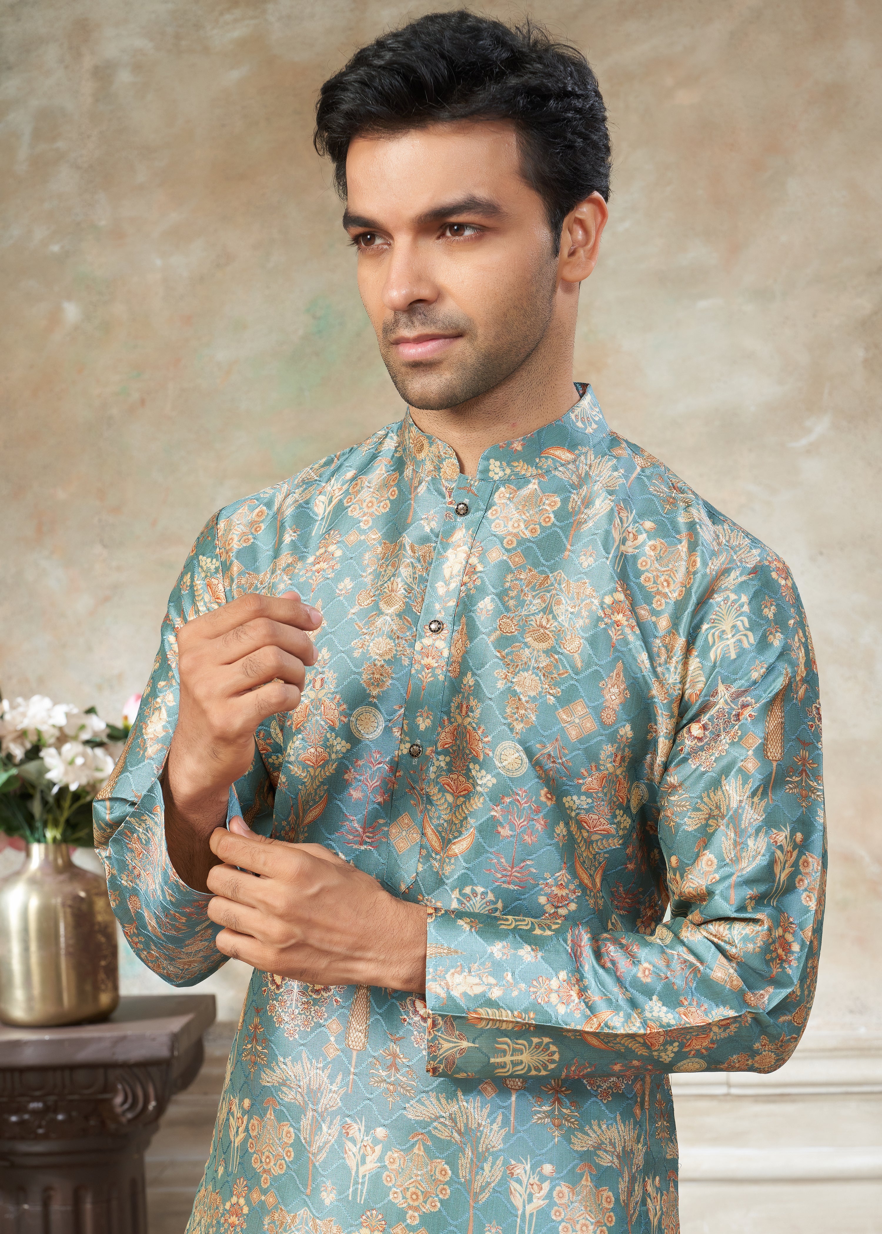 Sky Blue color Premium Silk Digital Print kurta with Raymond Cotton Pajama 141003