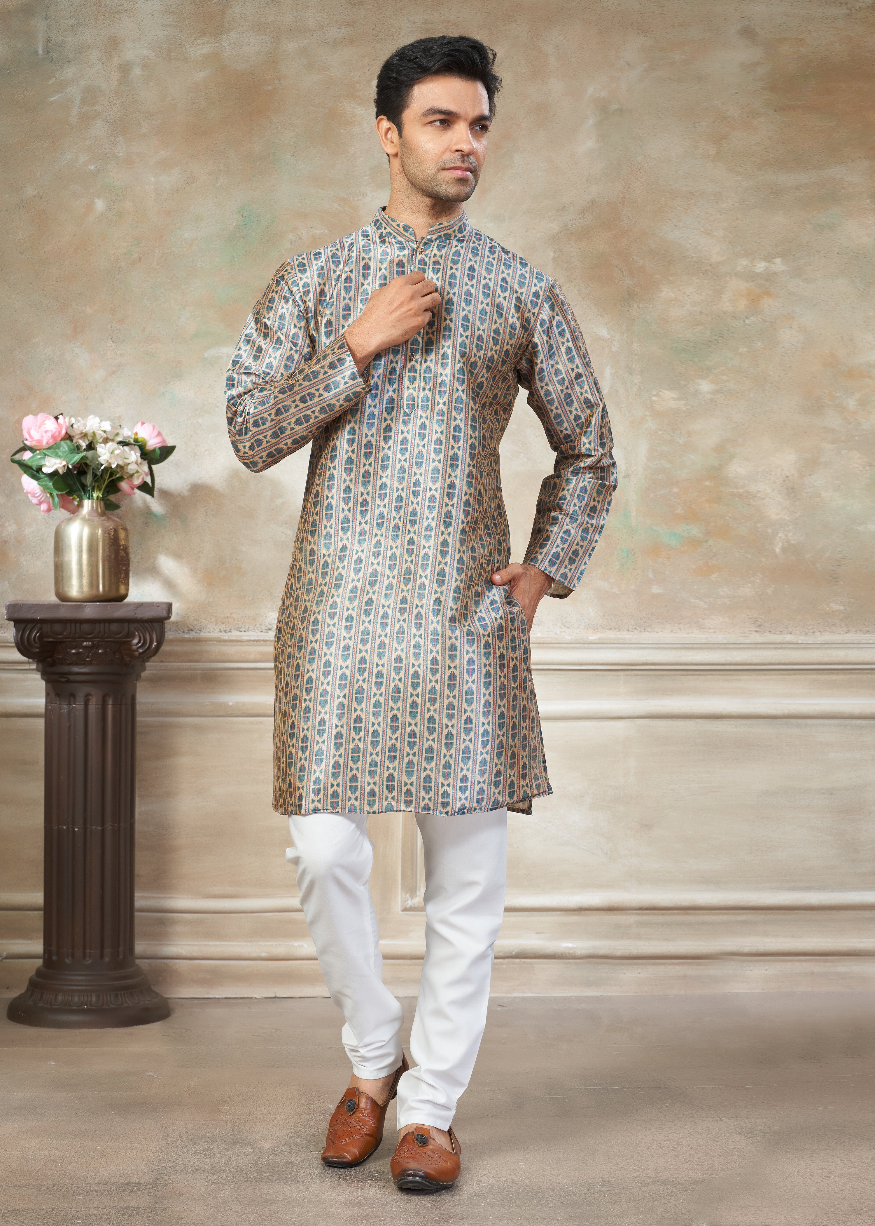 Beige color Premium Silk Digital Print kurta with Raymond Cotton Pajama 141004