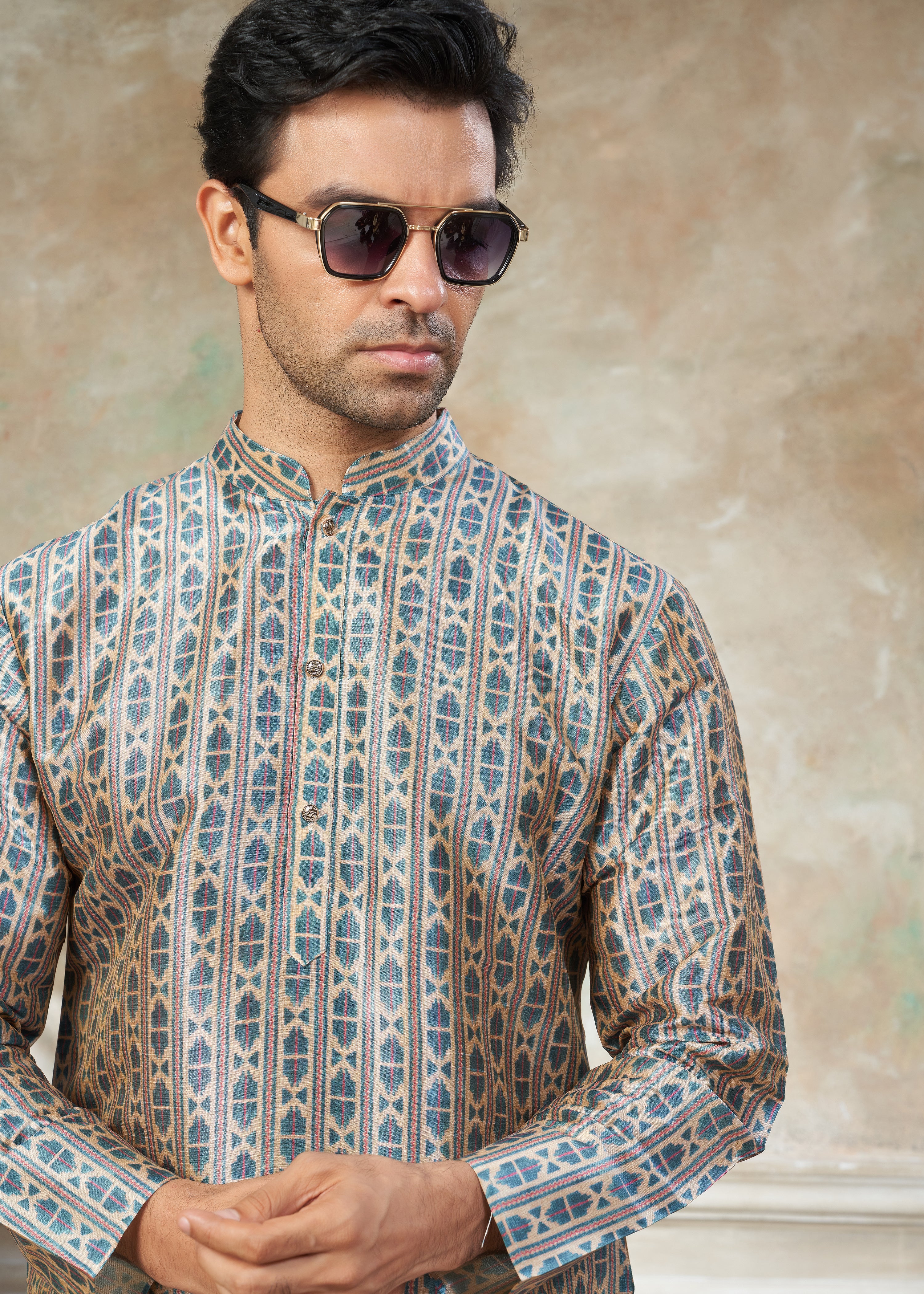 Beige color Premium Silk Digital Print kurta with Raymond Cotton Pajama 141004