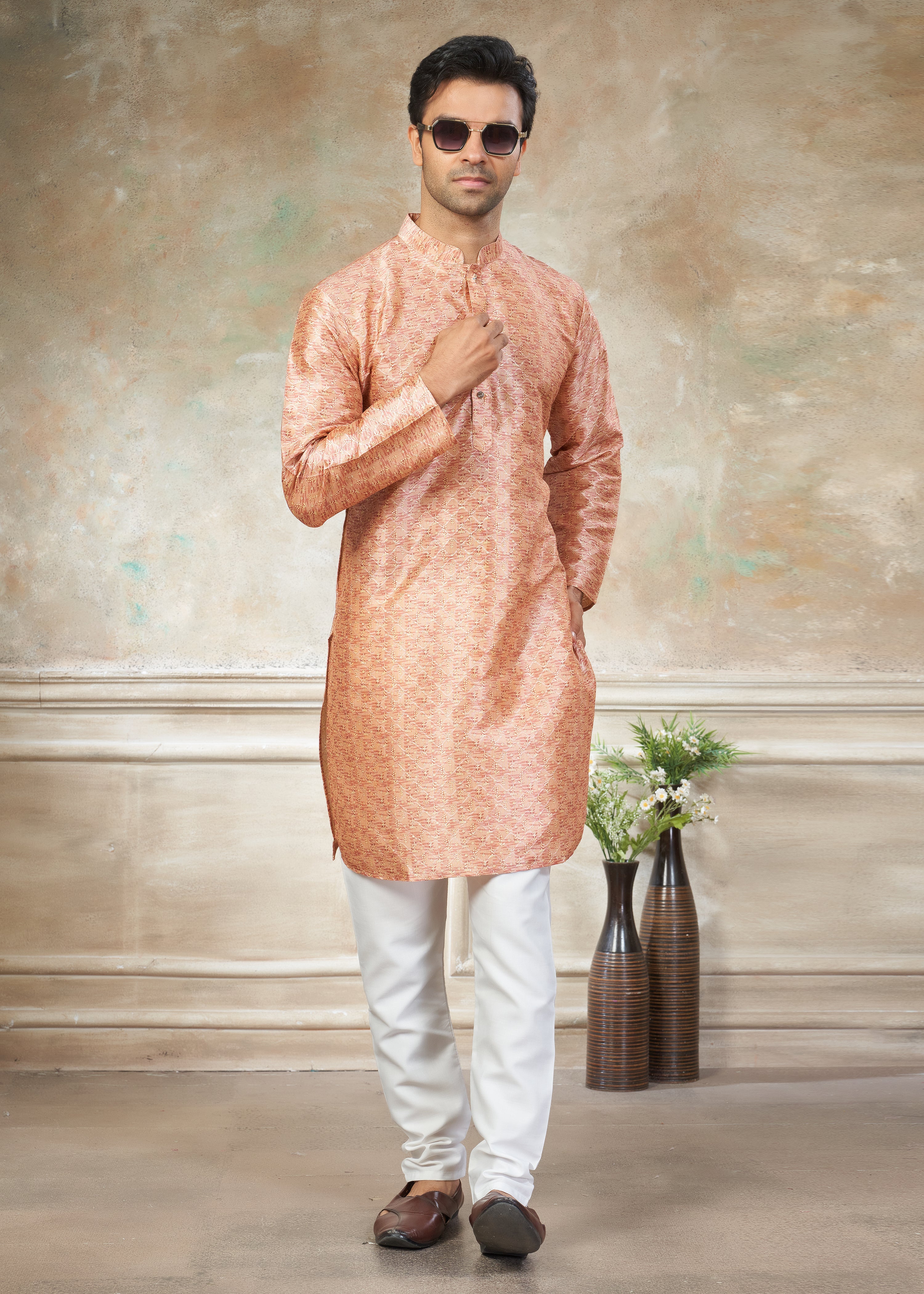 Orange color Premium Silk Digital Print kurta with Raymond Cotton Pajama 141007