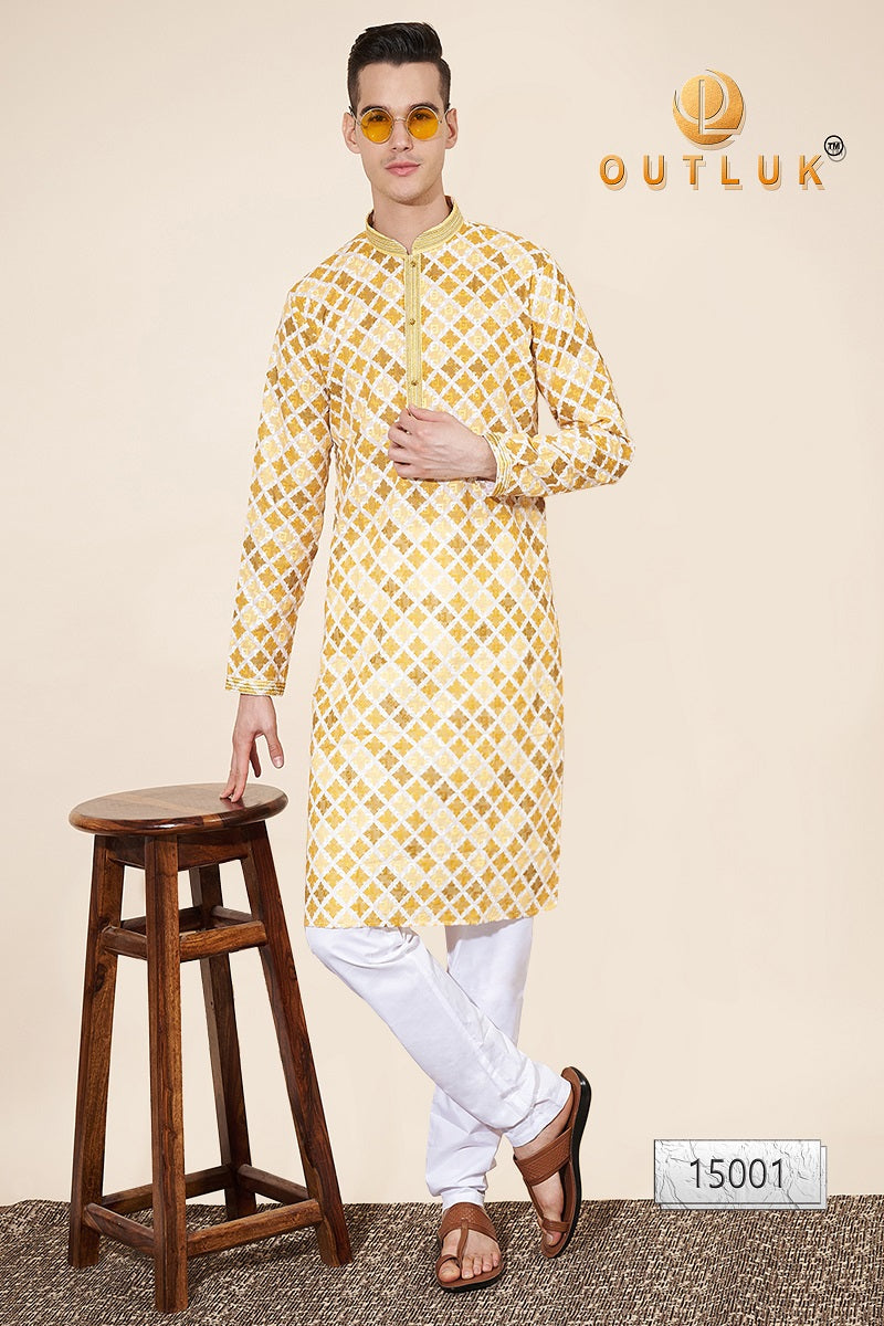 Mustard Cotton Mens Kurta Pajama 15001