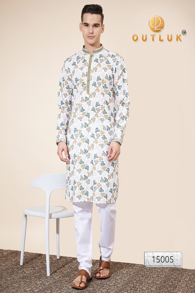 White Multi Cotton Mens Kurta Pajama 15005