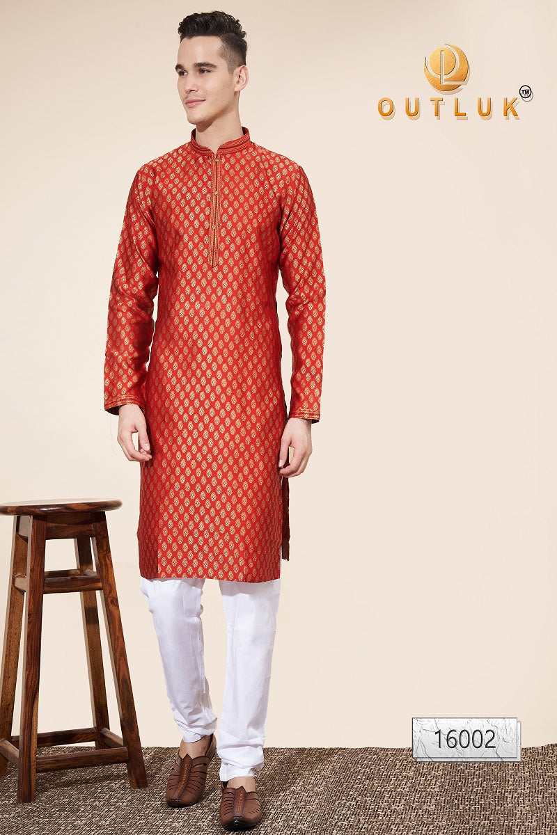 Red Pintex Jacquard Mens Kurta Pajama 16002