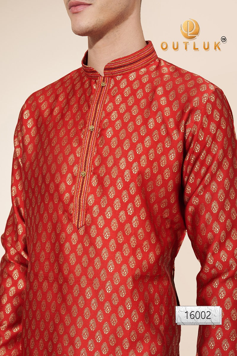 Red Pintex Jacquard Mens Kurta Pajama 16002