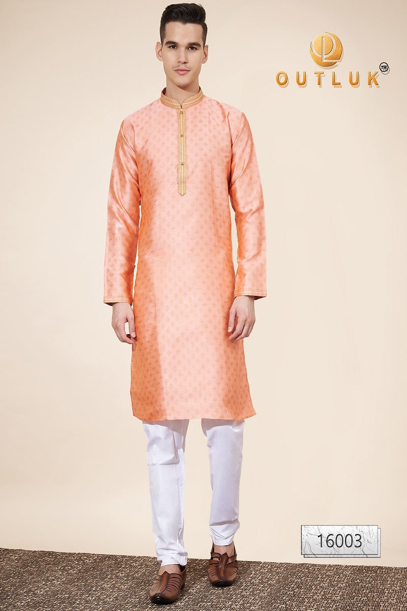 Peach Pintex Jacquard Mens Kurta Pajama 16003