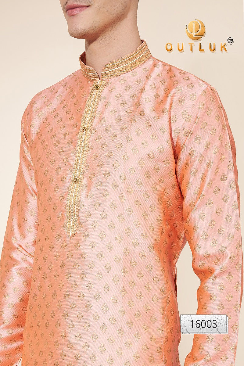 Peach Pintex Jacquard Mens Kurta Pajama 16003