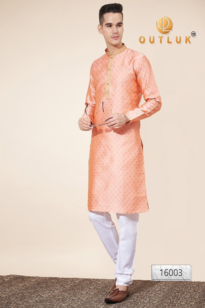 Peach Pintex Jacquard Mens Kurta Pajama 16003