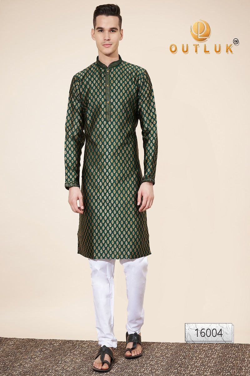 Green Pintex Jacquard Mens Kurta Pajama 16004