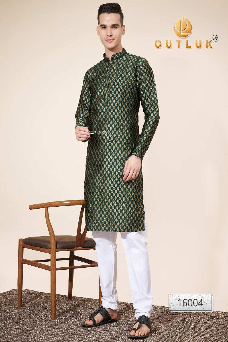 Green Pintex Jacquard Mens Kurta Pajama 16004