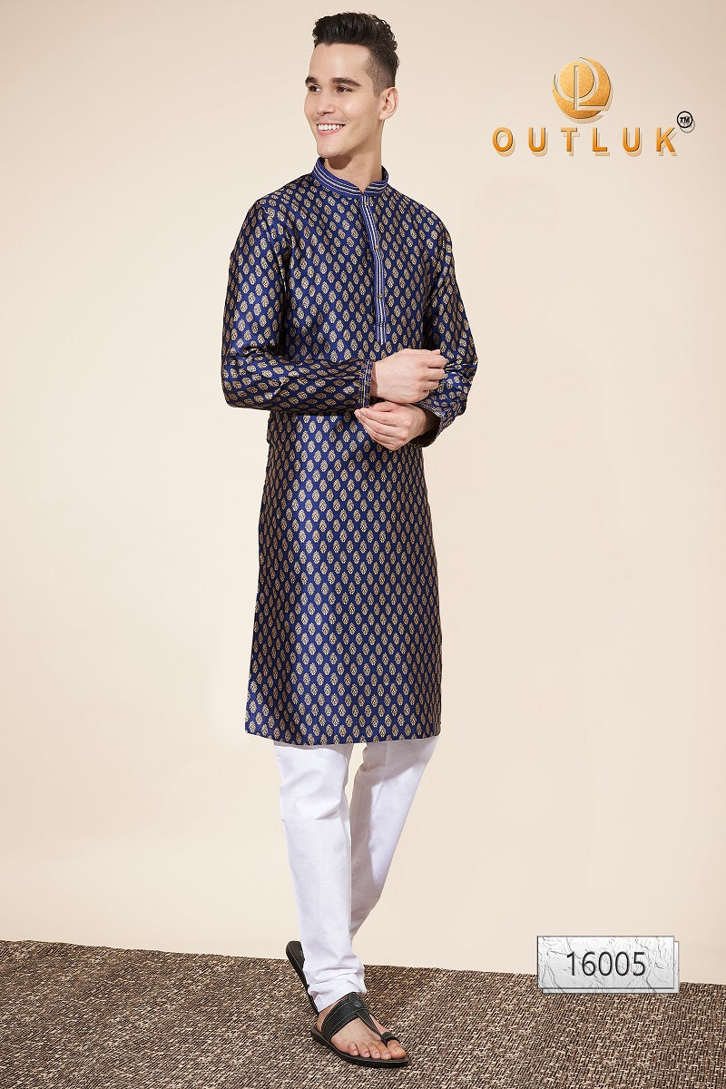 Blue Pintex Jacquard Mens Kurta Pajama 16005