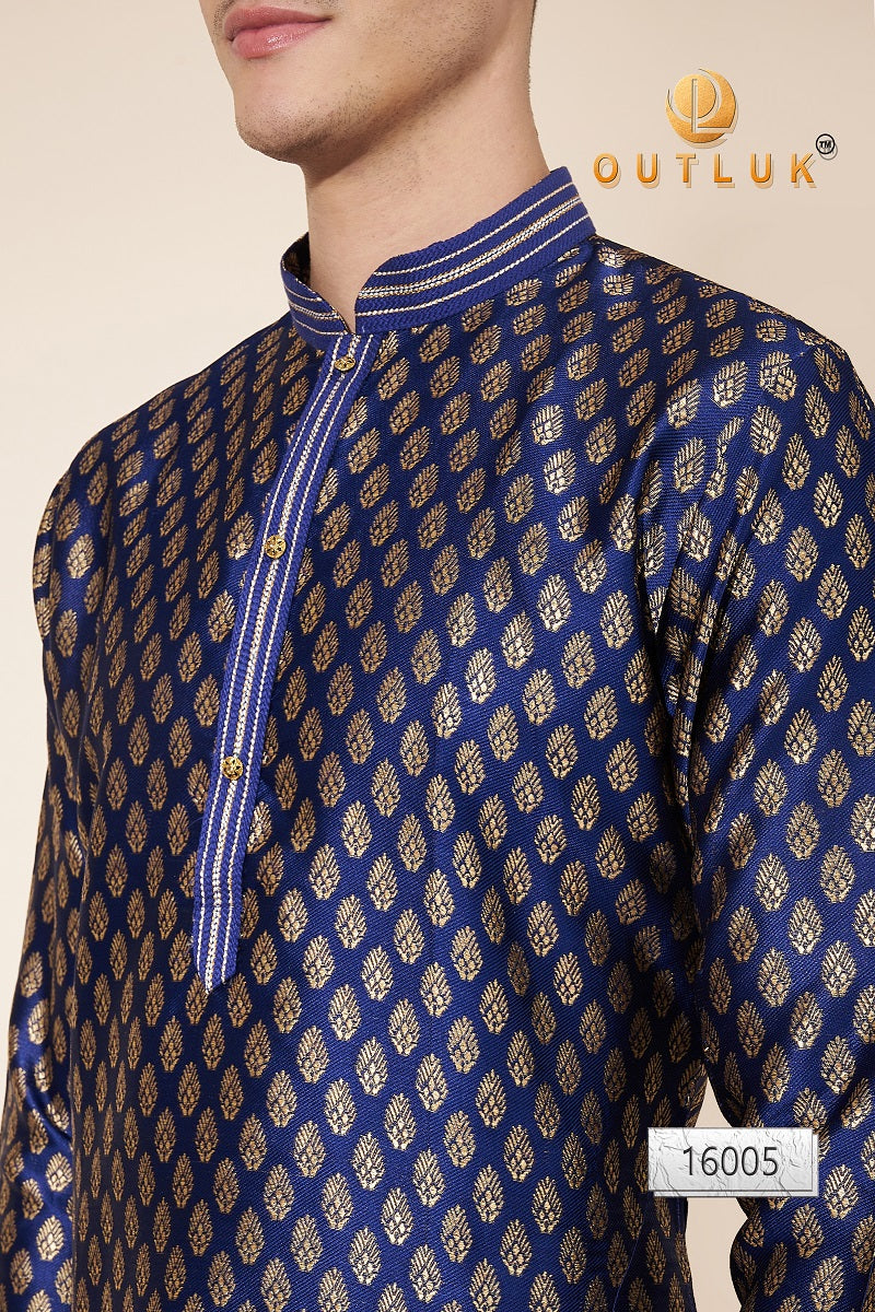 Blue Pintex Jacquard Mens Kurta Pajama 16005