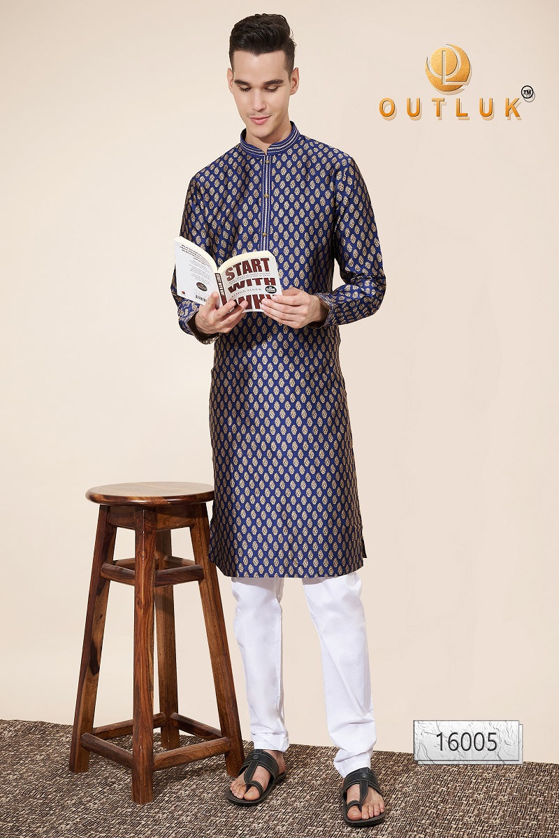 Blue Pintex Jacquard Mens Kurta Pajama 16005