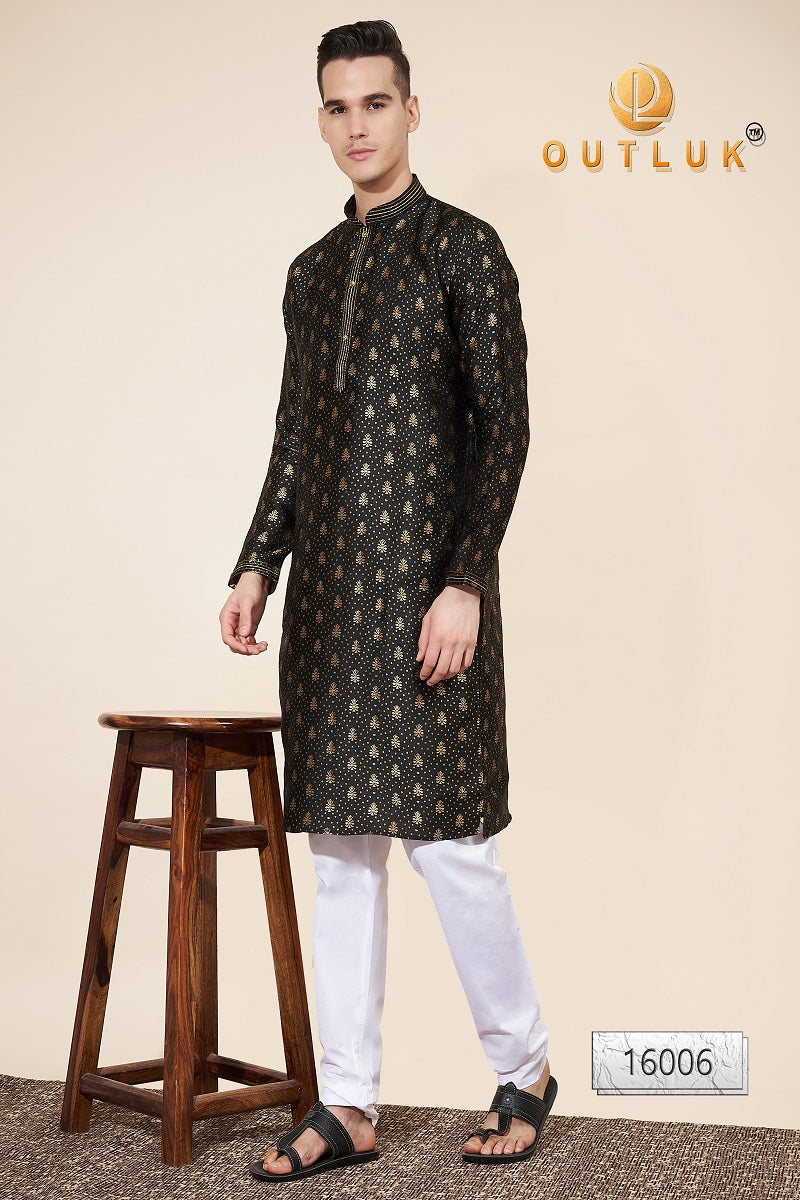 Black Pintex Jacquard Mens Kurta Pajama 16006