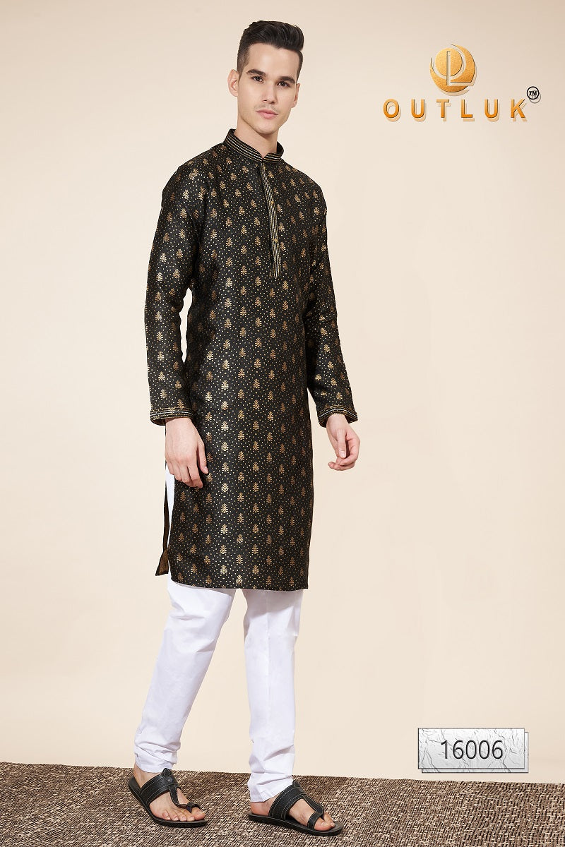 Black Pintex Jacquard Mens Kurta Pajama 16006