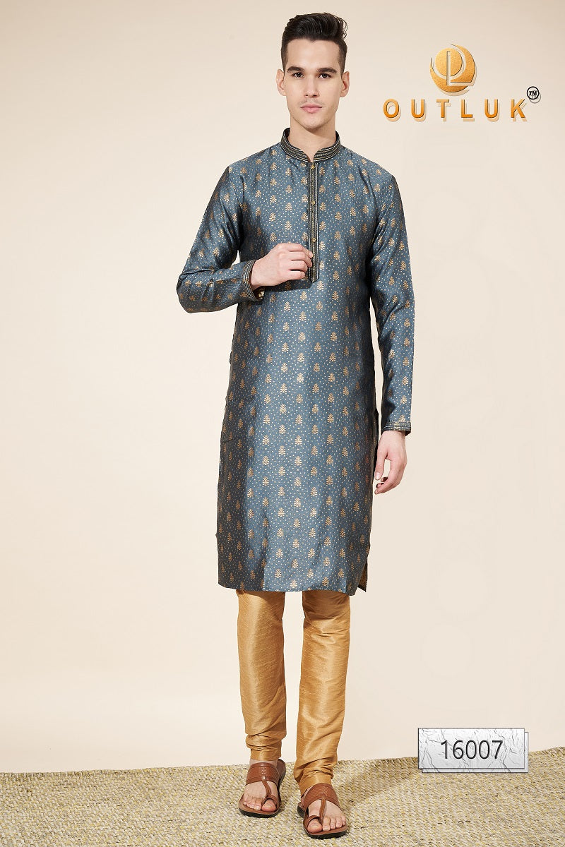 Grey Pintex Jacquard Mens Kurta Pajama 16007