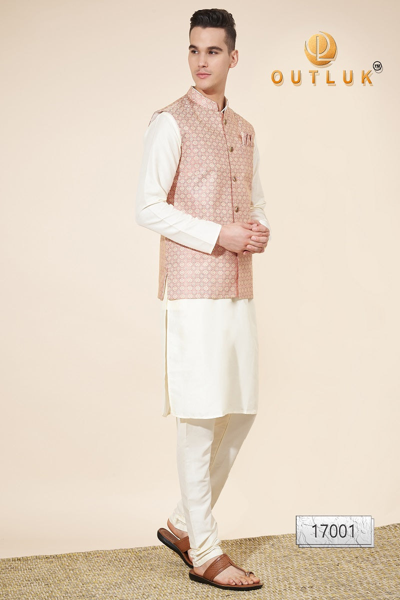 Peach And Off White Jacquard Mens Kurta Pajama With Jacket 17001