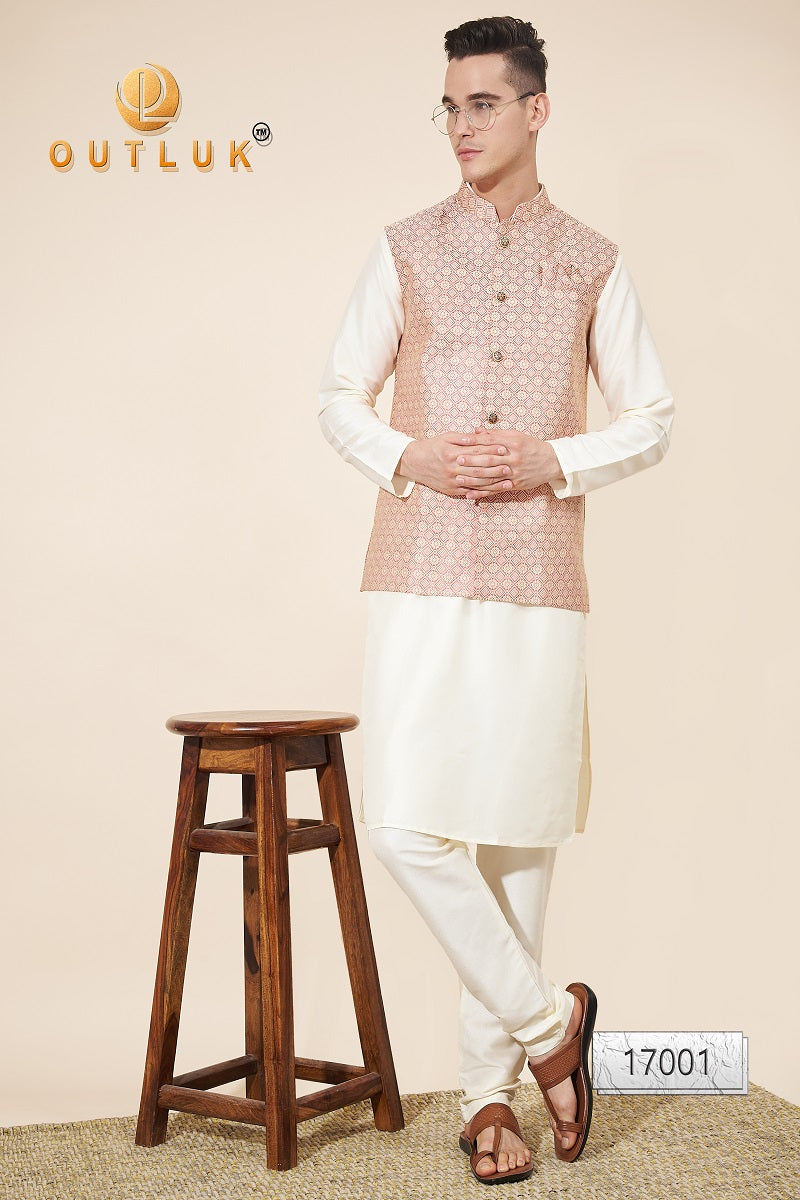 Peach And Off White Jacquard Mens Kurta Pajama With Jacket 17001