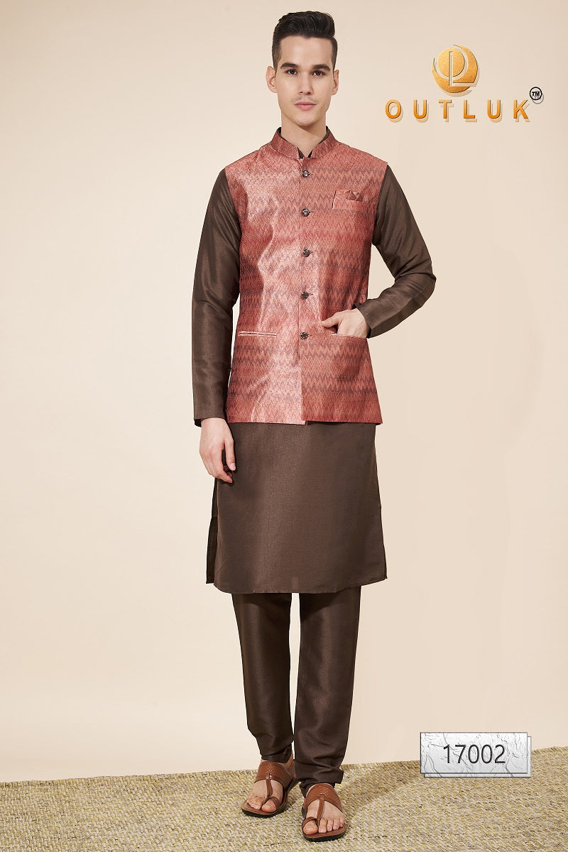 Red And Brown Jacquard Mens Kurta Pajama With Jacket 17002