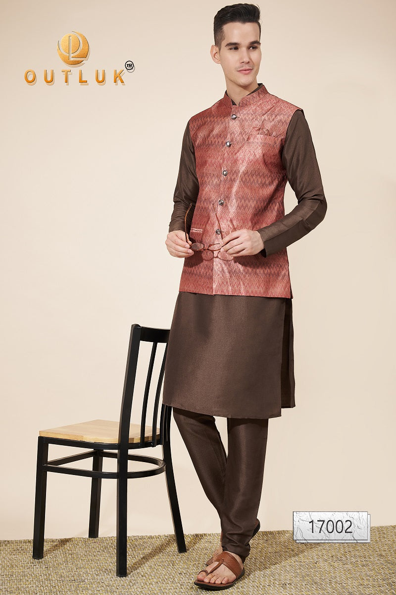 Red And Brown Jacquard Mens Kurta Pajama With Jacket 17002