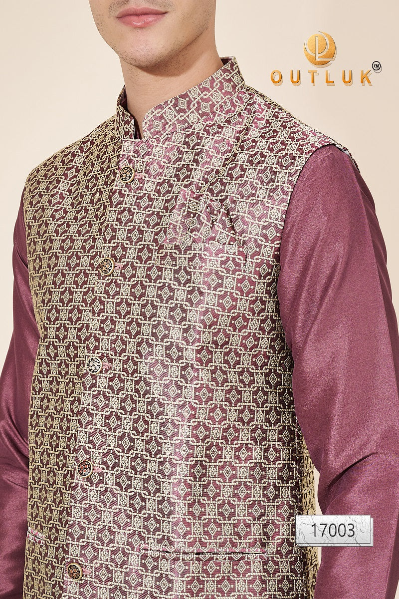 Golden And Wine Jacquard Mens Kurta Pajama With Jacket 17003