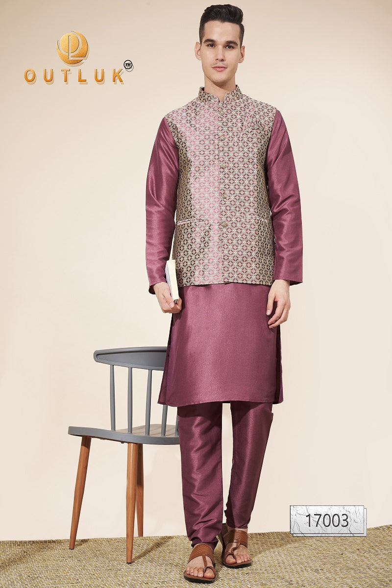 Golden And Wine Jacquard Mens Kurta Pajama With Jacket 17003