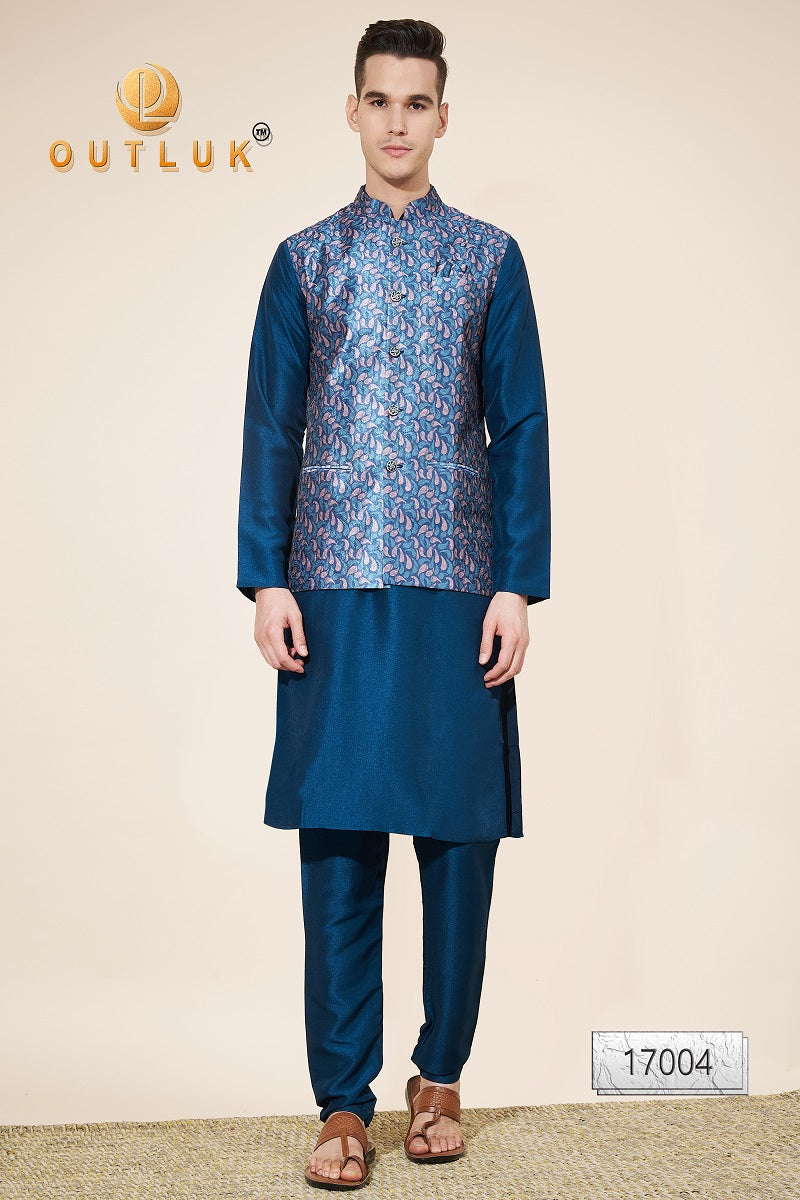 Teal Blue Multi Jacquard Mens Kurta Pajama With Jacket 17004