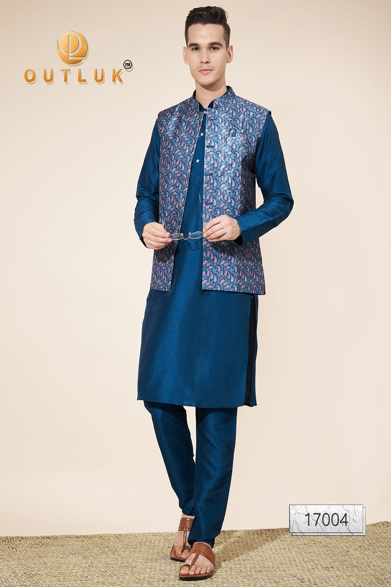 Teal Blue Multi Jacquard Mens Kurta Pajama With Jacket 17004