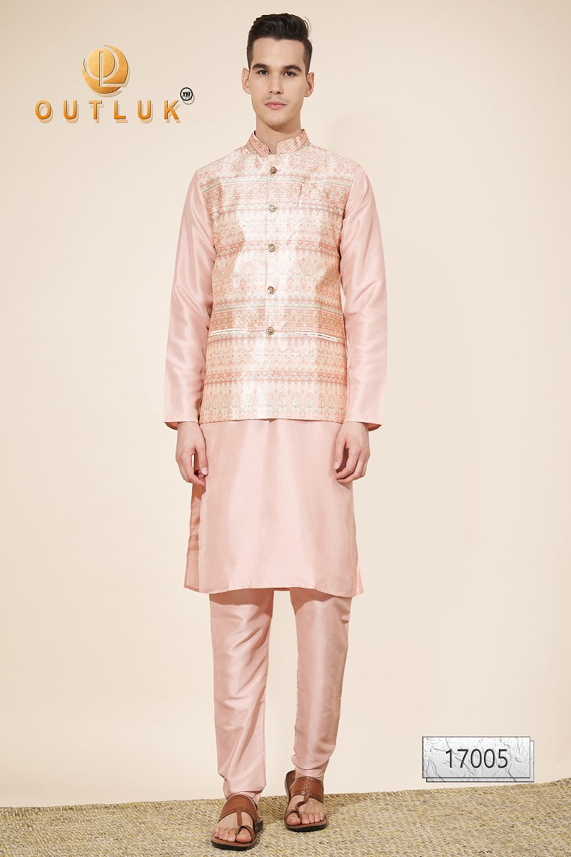 Light Peach Jacquard Mens Kurta Pajama With Jacket 17005