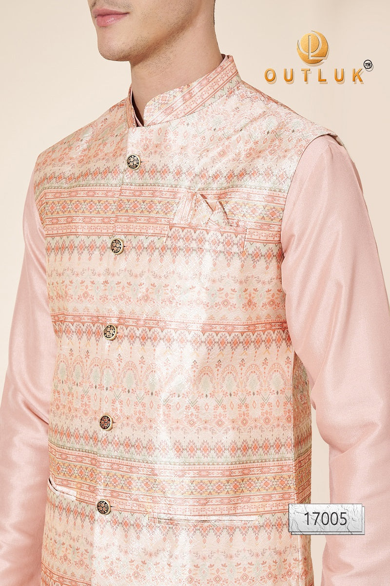 Light Peach Jacquard Mens Kurta Pajama With Jacket 17005