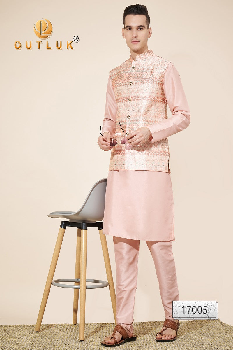 Light Peach Jacquard Mens Kurta Pajama With Jacket 17005