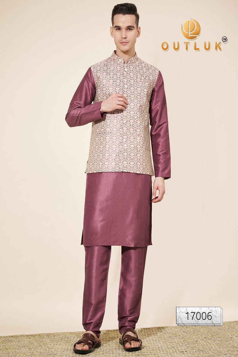 Beige And Wine Jacquard Mens Kurta Pajama With Jacket 17006